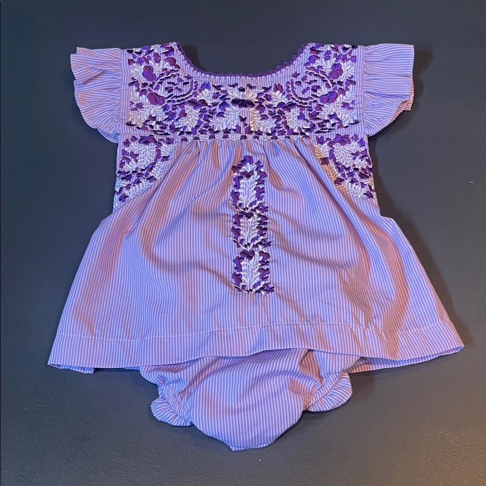 Festive Purple Embroidered Baby Dress with Bloomers 18m